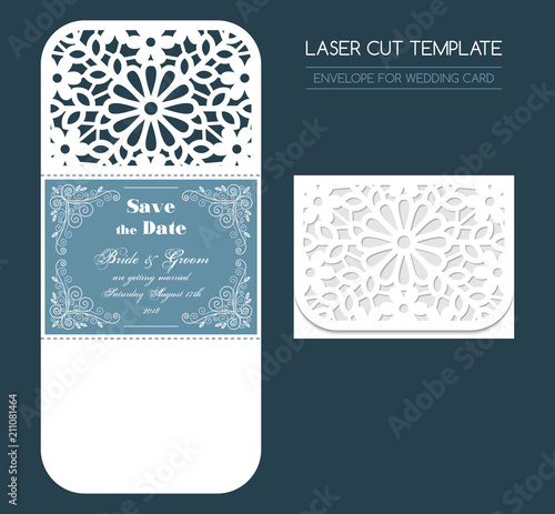 Envelope for wedding invitation or greeting card. Template for laser cutting. Vector illustration