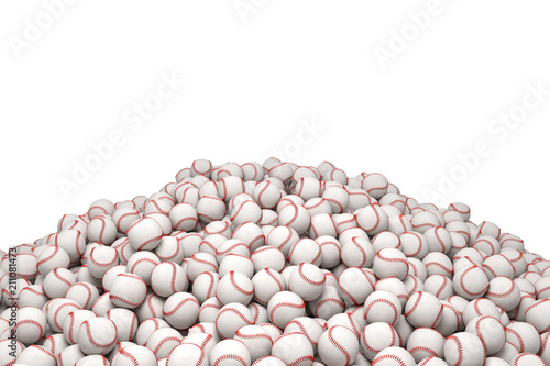 Fotografie 3d rendering of a huge heap of white baseballs with red stitching on a white background