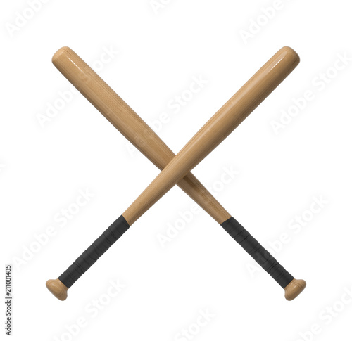 Photography 3d rendering of two wooden baseball bats with handle wraps making a cross shape on a white background