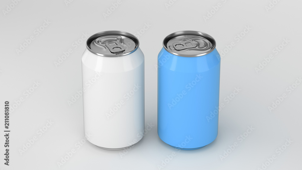 Two small white and blue aluminum soda cans mockup on white background Two small white and blue aluminum soda cans mockup on white background