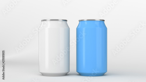 Two small white and blue aluminum soda cans mockup on white background