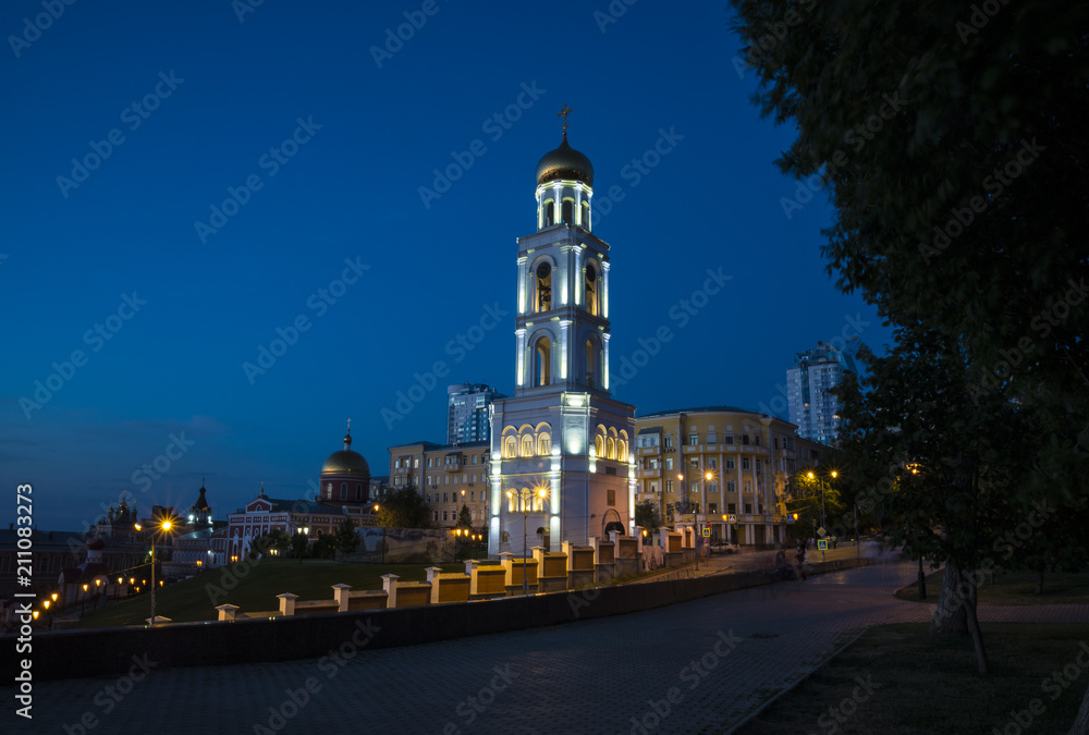 Bell tower with the Church of St. Nicholas at night in Samara Russia. 27 June 2018