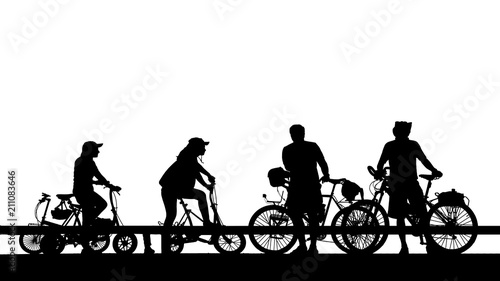 Silhouette group friend and bike relaxing on white background