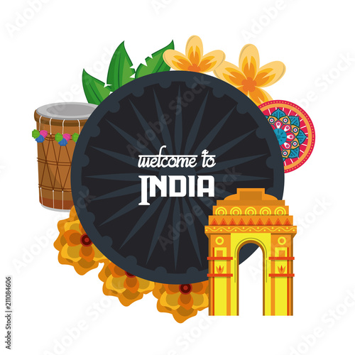 India travel card with delhi gate and flowers vector illustration graphic design