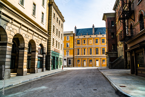 Empty town street with colorful buildings