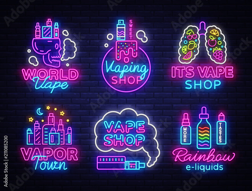 Vape Shop Logo collection Neon Vector. Vape neon sign set, Conceptual emblems design template on theme electronic cigarettes, light banner, night bright advertising, Trendy modern design. Vector