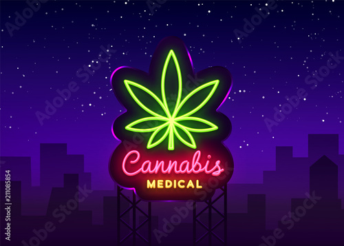 Marijuana medical neon sign and logo, graphic template in modern trend style. Cannabis is an organic hemp. Green farm Vector Illustration. Billboard