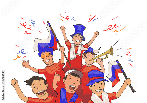National football team supporters cheering for the players. Football fans with Russian national attributes. Colored flat vector illustration. Horizontal on white background.