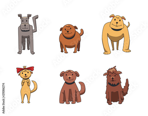 Set of funny smiling dog cartoon characters. Dogs of different breeds. Flat vector illustration. Isolated on white background.