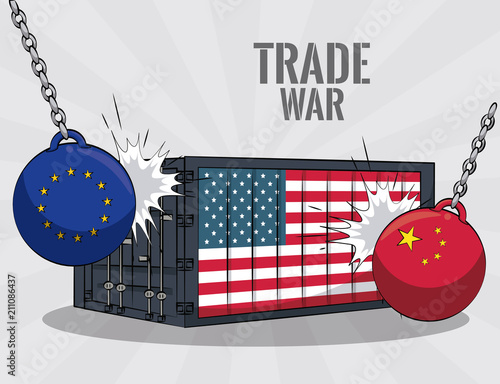 EU and china wrecking ball against usa container vector illustration graphic design