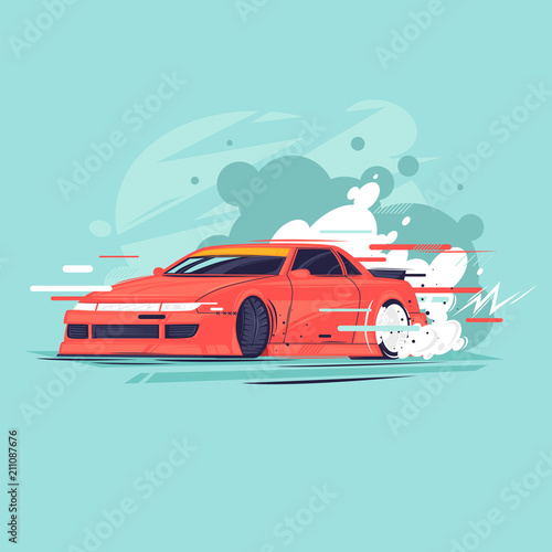 Drift, the car rides sideways. Flat design vector illustration.