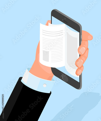 Digital library background with hand and smartphone.