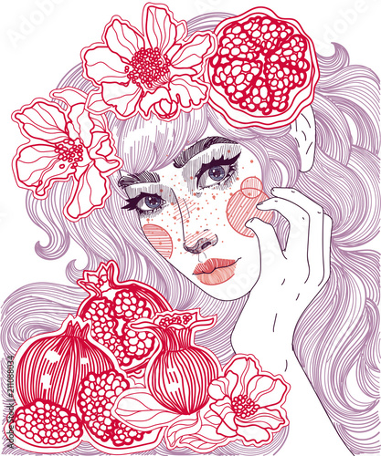 vector beautiful fairy girl with flowers in posh hair and red ripe juicy pomegranate