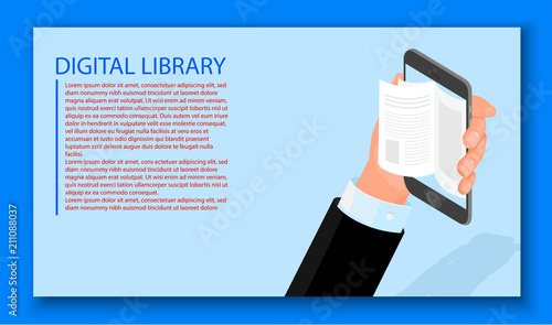 Digital library background with hand and smartphone.