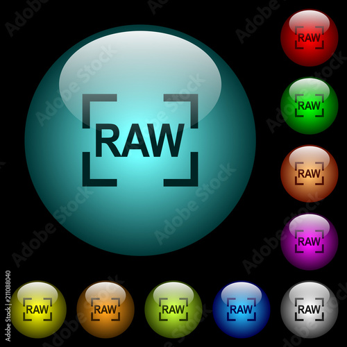 Camera raw image mode icons in color illuminated glass buttons