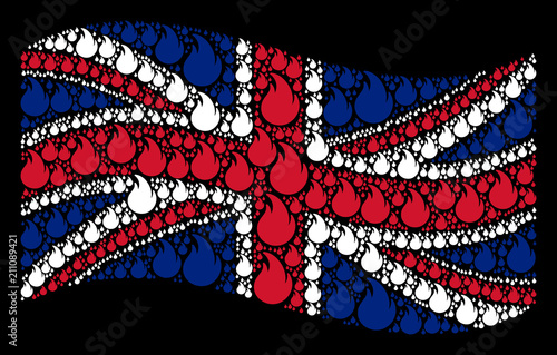 Waving United Kingdom state flag on a black background. Vector fire flame elements are united into geometric British flag composition. Patriotic illustration made of fire flame pictograms.