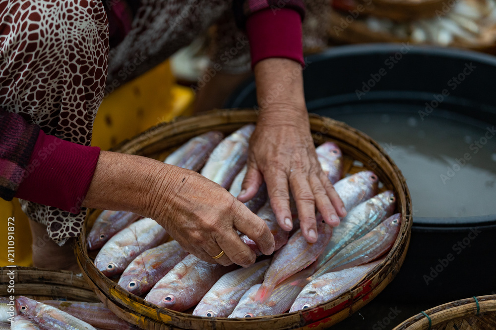Woman's hand and fishes.Woman in a fishing market in a fishing village in Vietnam.