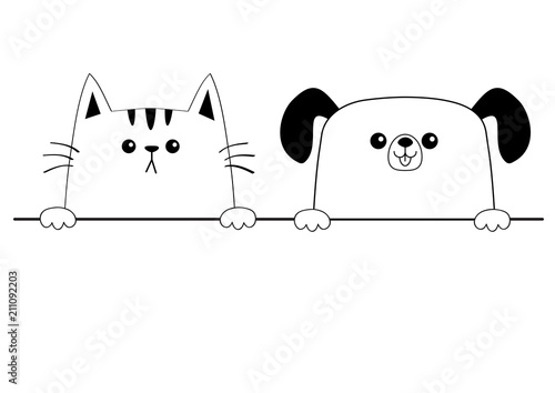 Cat dog happy face head icon. Contour silhouette. Hands paw holding line. Cute cartoon pooch kitten character. Kawaii animal. Funny baby puppy kitty. Love card. Flat design. White background.