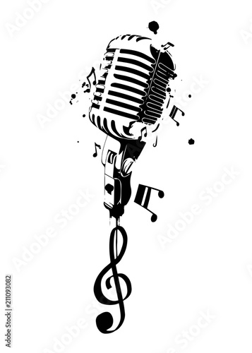 Vintage microphone with notes. Vector illustration.