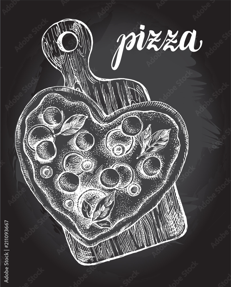 Fototapeta Heart-shaped Pizza with mozzarella, basil and olives on a wooden cutting board. Italian cuisine. Ink hand drawn Vector illustration. Top view. Food element for menu design.