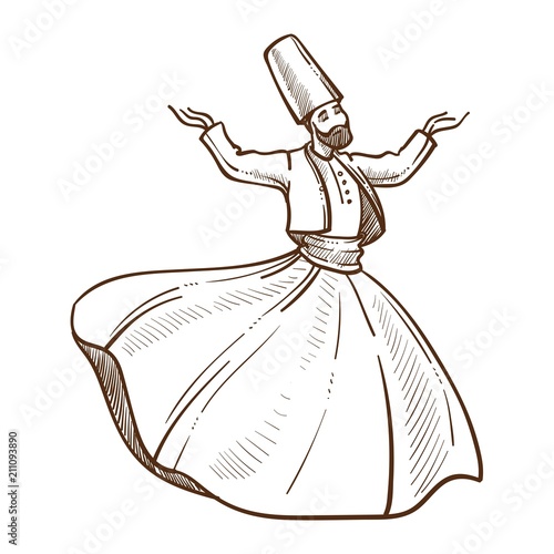 Traditional Turkish dervish dances monochrome sketch vector illustration