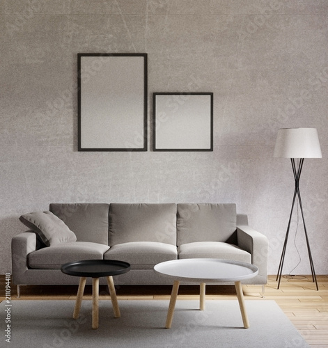3D rendering Loft style living room with raw concrete ,wooden floor,big window
