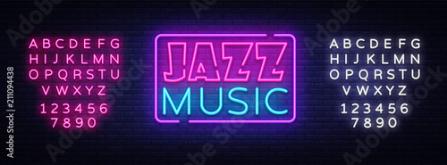 Jazz Music neon sign vector. Jazz Music design template neon sign, light banner, neon signboard, nightly bright advertising. Vector illustration. Editing text neon sign