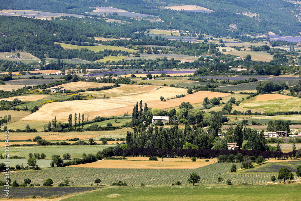 Patchwork of Farmer's fields in valley below Sault, Provence France