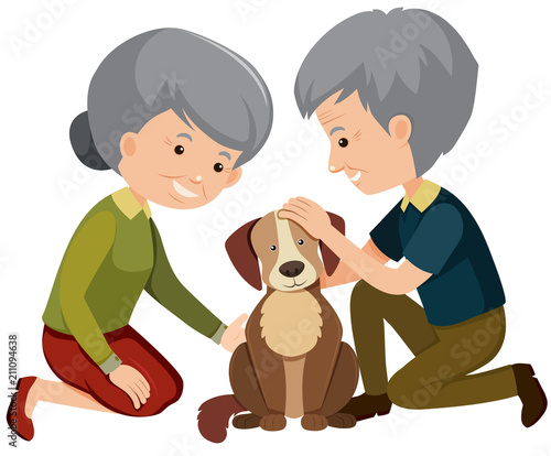 Elderly couple patting a dog