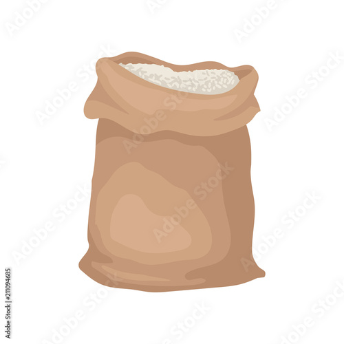 Large bag full of rice or flour. Big brown sack. Farming and harvesting theme. Flat vector for promo poster or product packaging