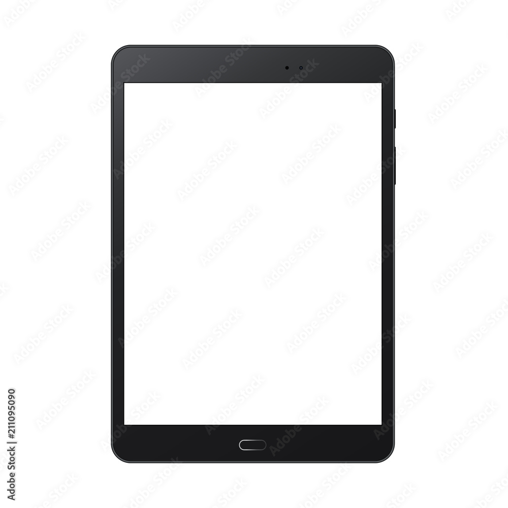 Black tablet computer mock up with blank screen isolated on white backround - front view. Vector illustration - obrazy, fototapety, plakaty 