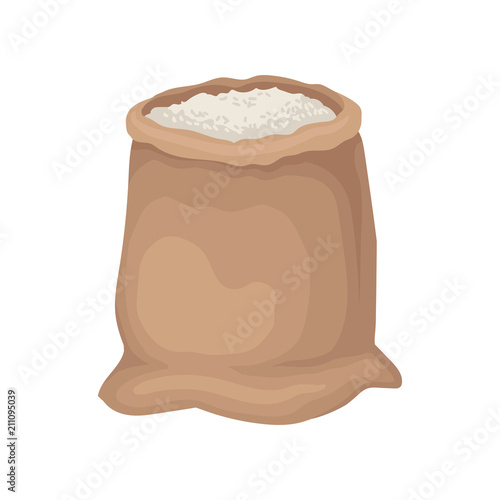 Flat vector icon of big brown sack with rice or flour. Large textile bag. Food storage. Element for promo poster or product packaging
