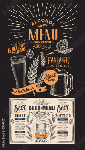 Beer drink menu for restaurant and cafe. Design template with hand-drawn graphic illustrations. Vector beverage flyer for bar on blackboard background.