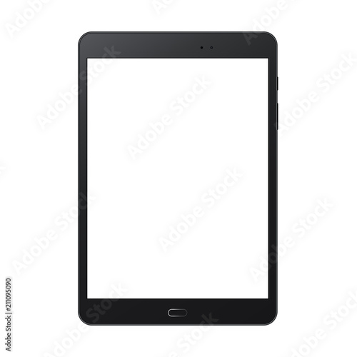 Black tablet computer mock up with blank screen isolated on white backround - front view. Vector illustration