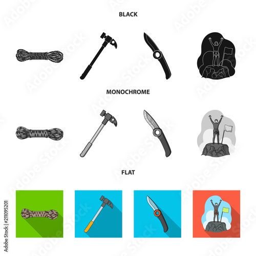 Climber on conquered top, coil of rope, knife, hammer.Mountaineering set collection icons in black, flat, monochrome style vector symbol stock illustration web.