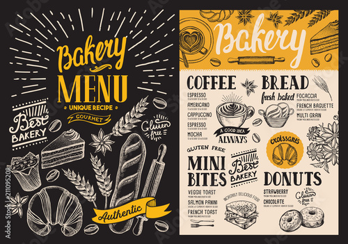 Bakery dessert menu for restaurant on blackboard background. Design template with food hand-drawn graphic illustrations. Vector food flyer for bar and cafe.