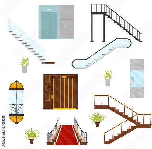 Flat vectoe set of different elevators and stairs. Cabins of mechanical lifts, modern staircases and moving stair. Architectural elements
