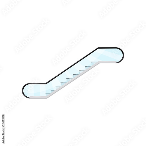Moving staircase with glass handrails. Escalator used in public buildings. Modern architectural element. Flat vector icon