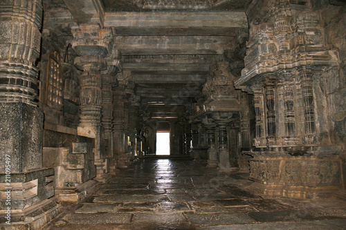 Long passage covered with various kinds of pillars adjoining both  the Shantaleshwara and Hoysaleshvara shrine  Hoysaleshvara Temple  Halebid  Karnataka