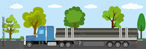 Trailer truck long vehicle on road,natural landscape in the background,