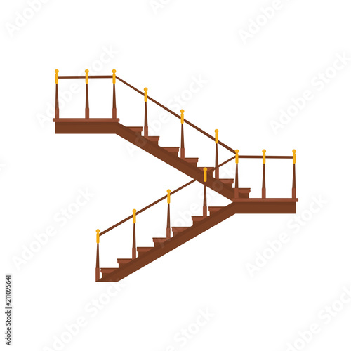 Wooden interior staircases with handrails. Half-pace stairs with golden decoration, modern building element. Flat vector design