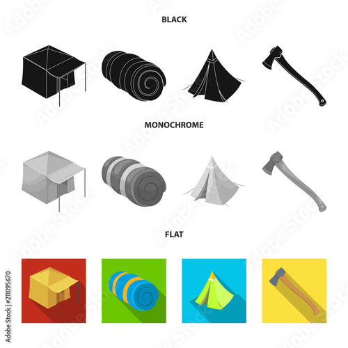 Tent with awning, ax and other accessories.Tent set collection icons in black, flat, monochrome style vector symbol stock illustration web.