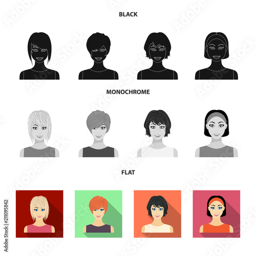 Types of female hairstyles black, flat, monochrome icons in set collection for design. Appearance of a woman vector symbol stock web illustration. photo