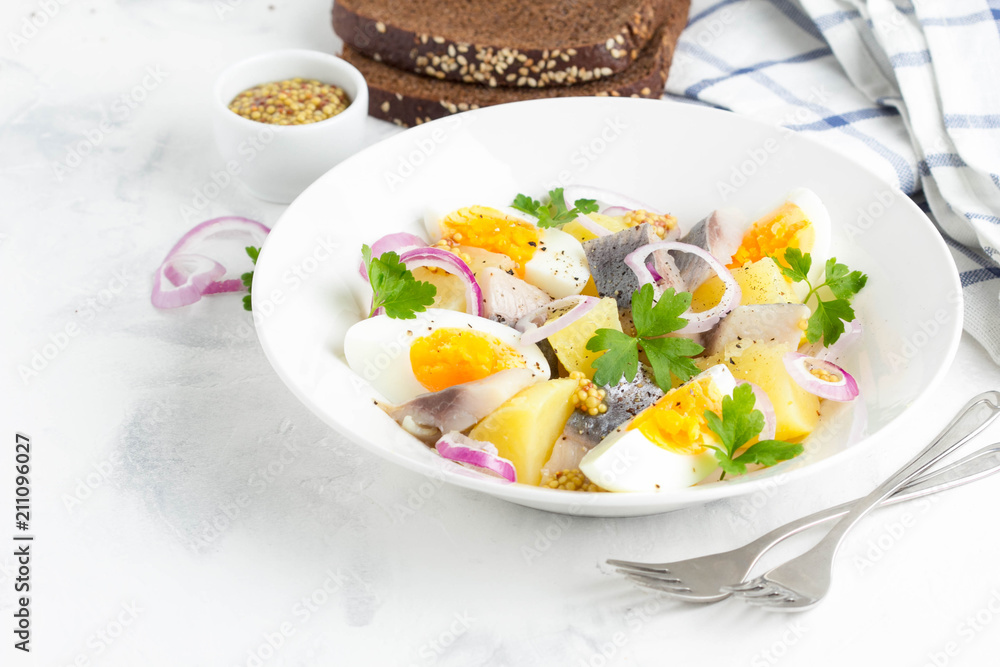 Potato salad with herring, egg, onion, tasty snack with mustard in white plate Potato salad with herring, egg, onion, tasty snack with mustard in white plate