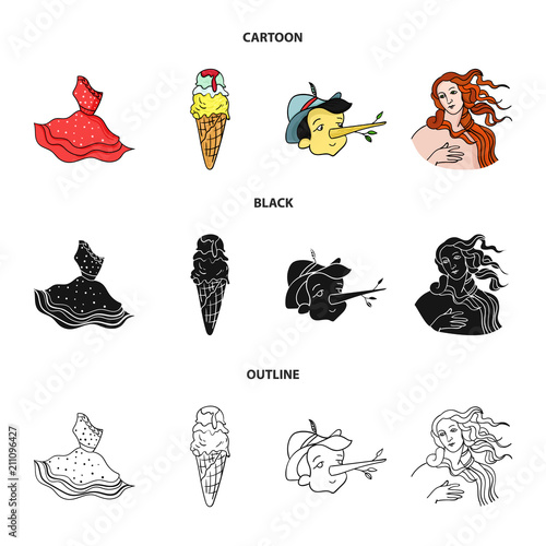 Italian dress, gelato, pinocchio, goddess of love. Italy set collection icons in cartoon,black,outline style vector symbol stock illustration web.