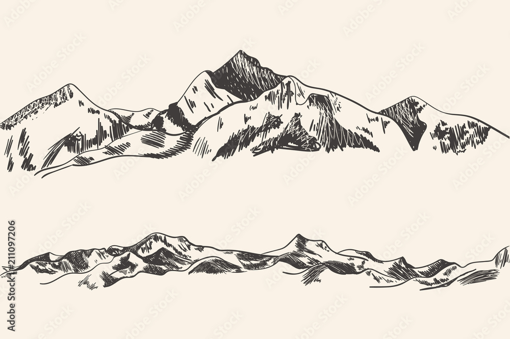 Vector Hand Drawn Mountains, Outline Sketch Drawings.