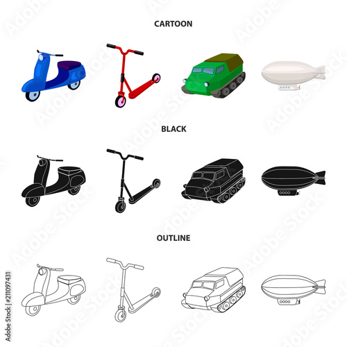 Motorcycle, scooter, armored personnel carrier, aerostat types of transport. Transport set collection icons in cartoon,black,outline style vector symbol stock illustration web.