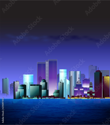 Set of  detailed vector modern city houses at night. Skyscrapers near a pond.Vector illustration