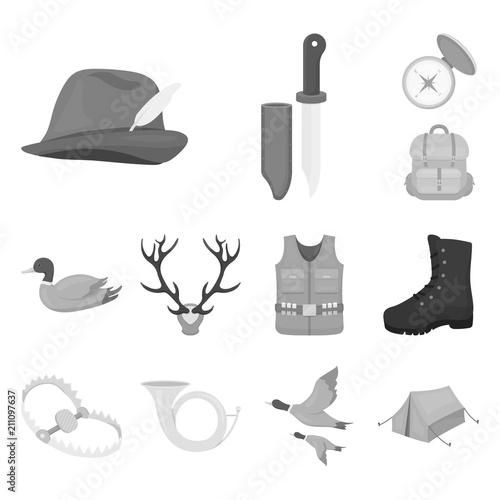 Hunting and trophy monochrome icons in set collection for design. Hunting and equipment vector symbol stock web illustration.