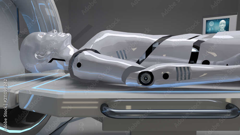 Robot in a medical facility with futuristic body scan. 3d rendering Robot in a medical facility with futuristic body scan. 3d rendering
